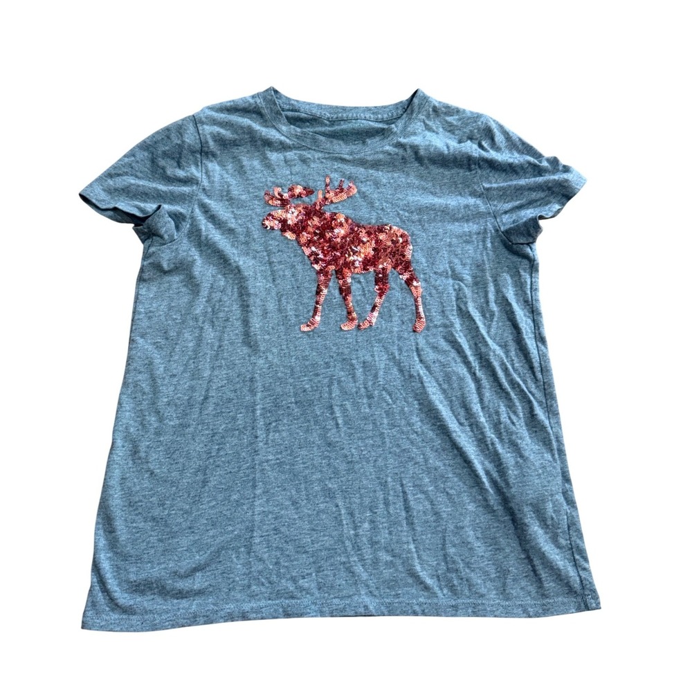 Abercrombie & Fitch Gray Sequin Moose Graphic Short Sleeve Tee Shirt Girls sz 10